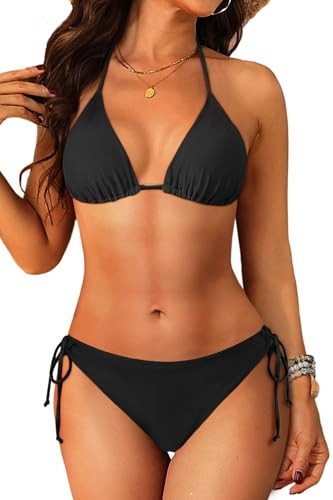 Tempt Me Women Black Triangle Bikini Sets Halter Two Piece Sexy Swimsuit String Tie Side Bathing Suit M | Amazon (US)