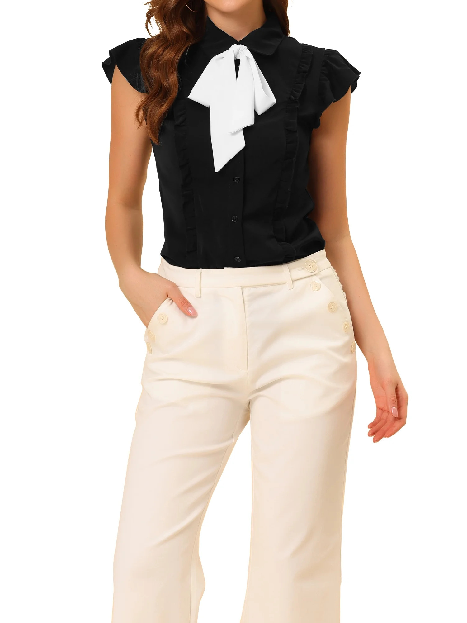 Allegra K Women's Ruffle Bow Tie Chiffon Top Peter Pan Collar Button Down Shirts - Walmart.com | Walmart (US)