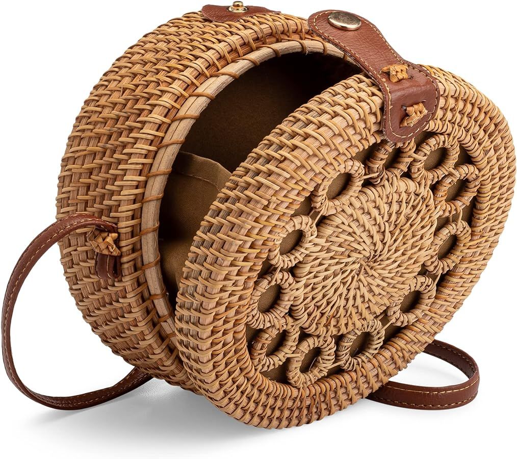 Handwoven Round Rattan Purse | Crossbody Wicker Purse for Women with Genuine Leather Straps Perfe... | Amazon (US)
