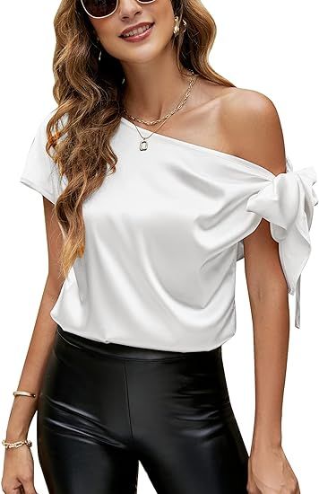 VIDUSSA Women's Off Shoulder Silk Tops Casual Short Sleeve Asymmetrical Neck Satin Blouse Shirts | Amazon (US)