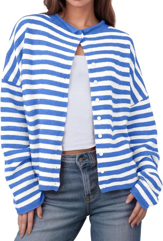 UNCLECAT Womens Striped Cardigan Sweater Casual Button Up Knit Tops Long Sleeve Sweaters Open Fro... | Amazon (US)