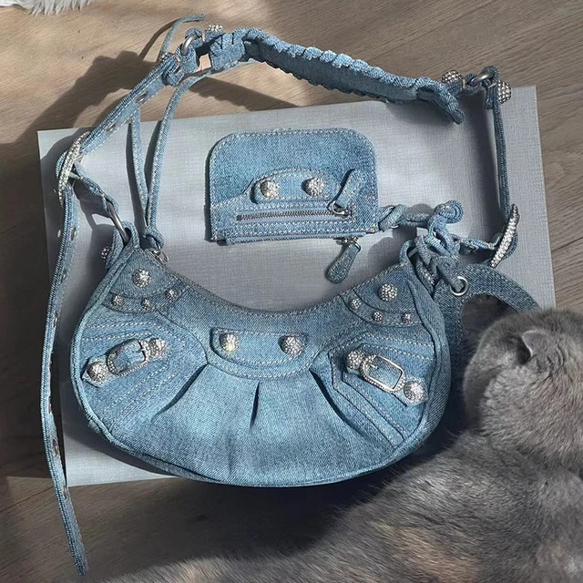 Woman Denim Diamond Riveted Shoulder Messenger Bag Half-moon Locomotive Bag Luxury Fashion Handba... | AliExpress (US)