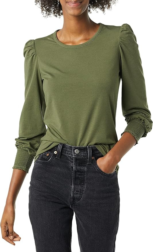 Amazon Essentials Women's Long-Sleeve Crewneck Smocked Cuff T-Shirt | Amazon (US)