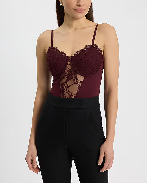 Sheer Lace Pieced Sleeveless Corset Bodysuit | Express