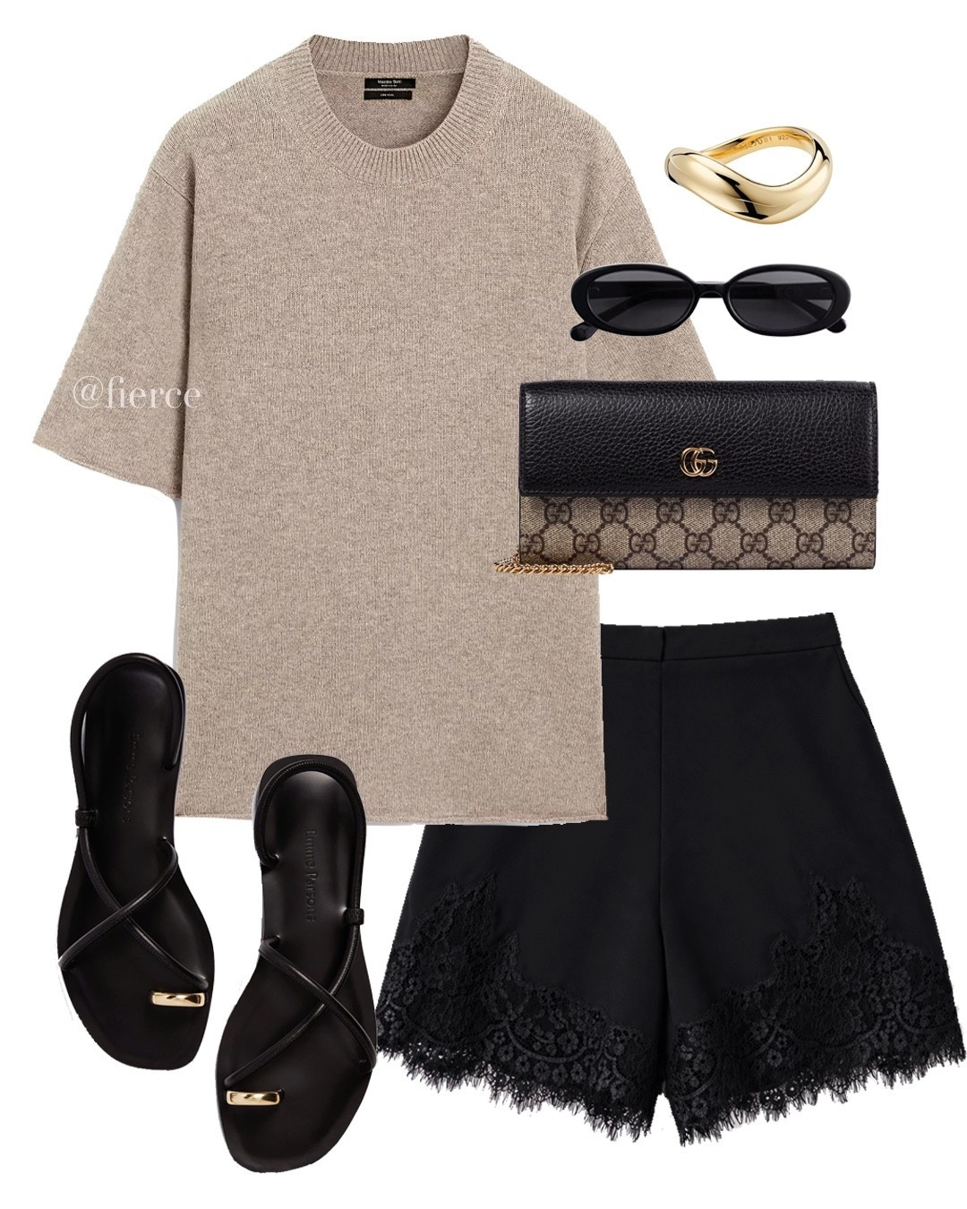 Black satin lace shorts taupe beige knitted tshirt gold tie black sandals chic outfit 

#LTKsummer #LTKspring #LTKuk