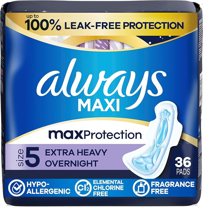 Always Maxi Overnight Pads with Wings for Women, Size 5, Extra Heavy Overnight Absorbency, Unscen... | Amazon (US)