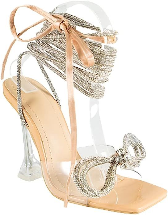 Women's lace up rhinestone high heel sandals | Amazon (US)