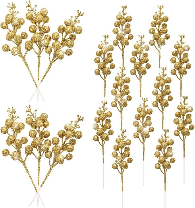 18 Pieces Christmas Glitter Berries Stems Artificial Berry Twig Stem Berry Picks Decorations for ... | Amazon (US)