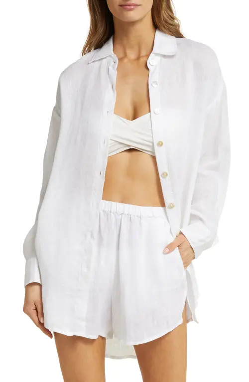Vitamin A® Playa Oversize Linen Cover-Up Shirt in White Eco Linen at Nordstrom, Size Large | Nordstrom