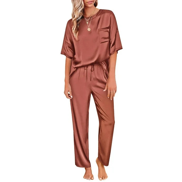 DAKIMOE Womens Silk Satin Pajama Set Short Sleeve Shirt with Long Pajama Pant Set Two-piece Pj Se... | Walmart (US)