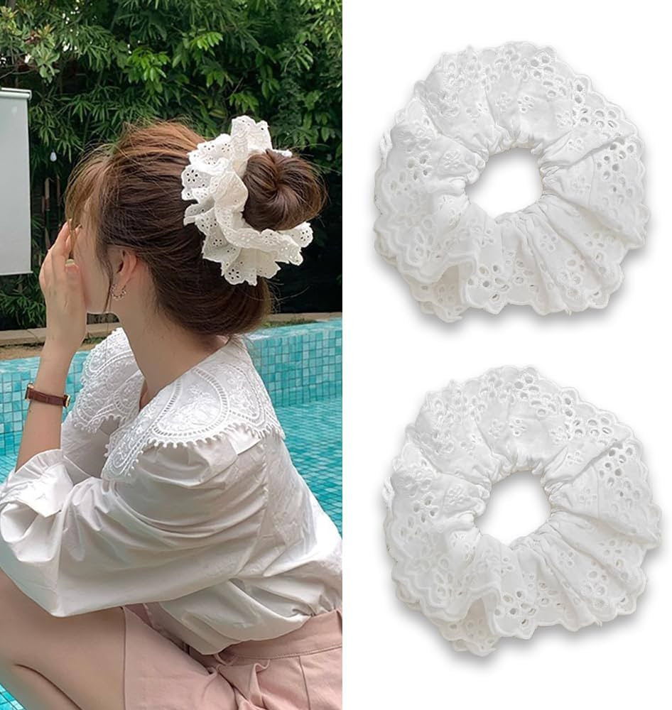 2 Pcs White Hair Scrunchies Large Hair Ties for Women White Lace Embroidery Hair Accessories Doub... | Amazon (US)