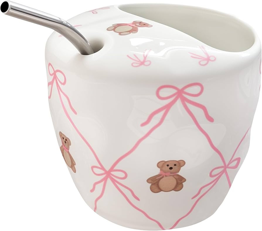 Cute Coffee Mug with Straw, 11oz Cute Bow with Bear Animals Ceramic Mugs, Kawaii Water Cup for Te... | Amazon (US)