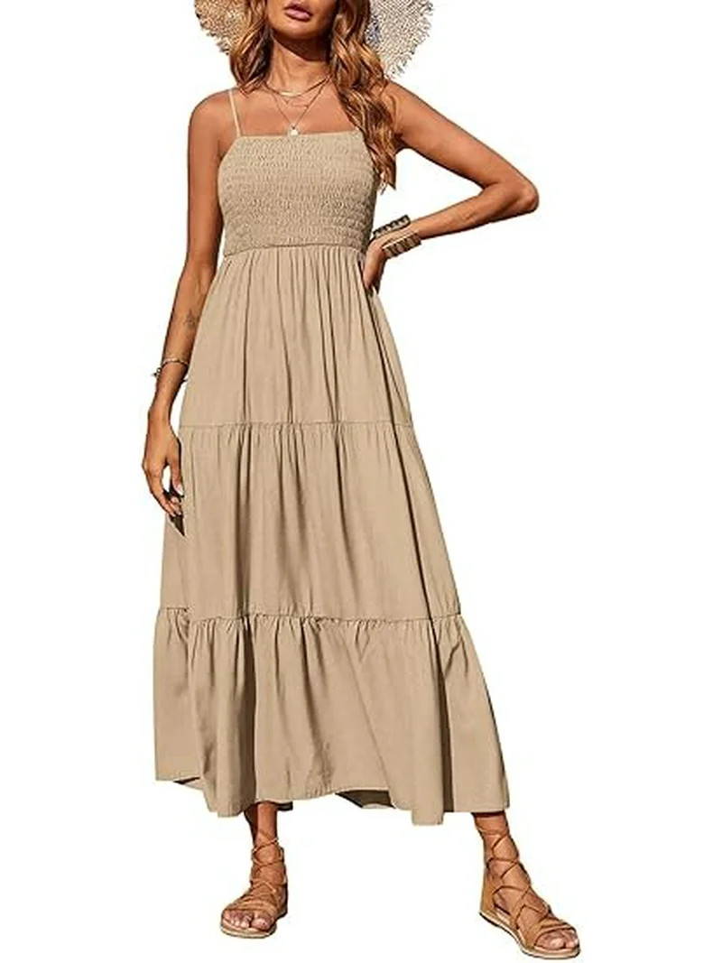 PRETTYGARDEN Women's Summer Maxi Dress Casual Boho Sleeveless Spaghetti Strap Smocked Tiered Long... | Walmart (US)