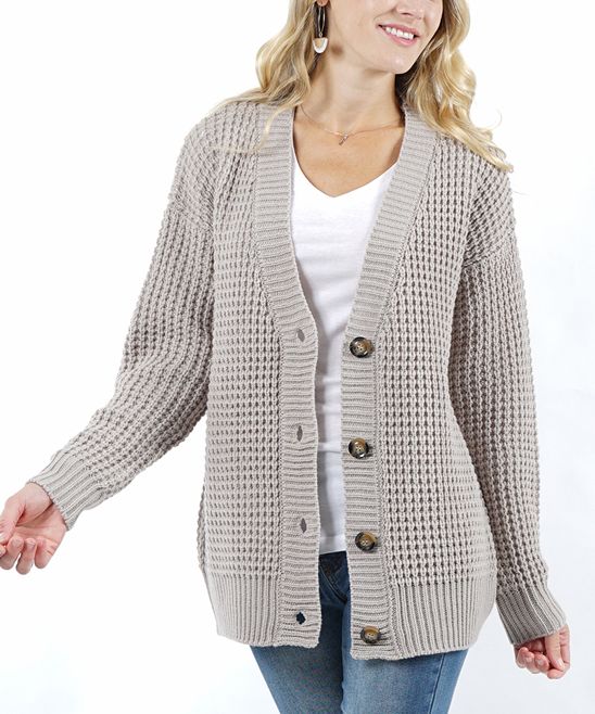 Lydiane Women's Cardigans LT - Light Gray Waffle-Knit Button-Up Sweater Cardigan - Women | Zulily