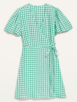 Puff-Sleeve Waist-Defined Gingham Mini Wrap Dress | Old Navy (US)