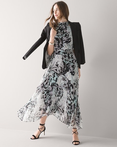 Petite Pleated Halter Clip-Dot Maxi-Dress | White House Black Market