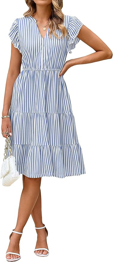 Glamaker Floral Tiered Midi Sundress Casual Summer V Neck Flutter Sleeve Striped Sun Dress with P... | Amazon (US)