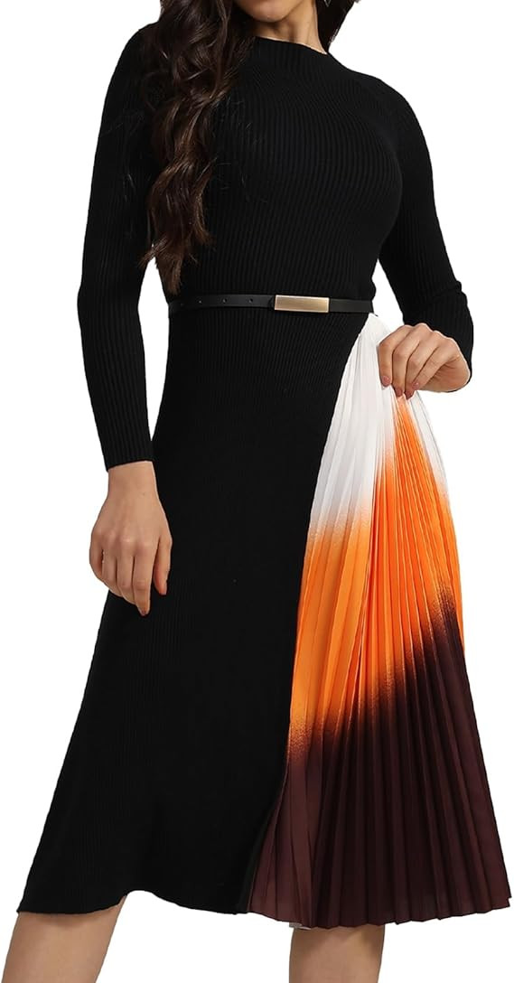 Gradient Patchwork Dress Glamorous Pleated Dress Belted Knit Dress Long Sleeve A Line Dress Trend... | Amazon (US)