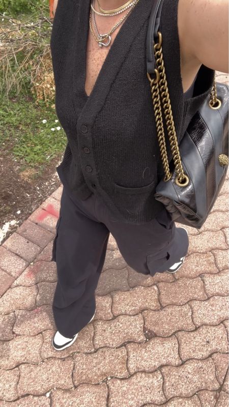 Sweater vest. Wearing a small and I should have sized down. 
Cargo pants. Run big. Wearing a 0 
New balance sneakers run tts 
Kurt Grieger bag. One of my favs. Holds so much 

#LTKShoeCrush #LTKStyleTip #LTKOver40