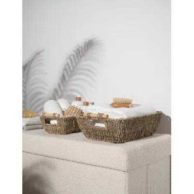 Hand-Woven Large Storage Baskets With Wooden Handles, Seagrass Wicker Baskets For Organizing,(Natural/2 Pack) | Wayfair North America