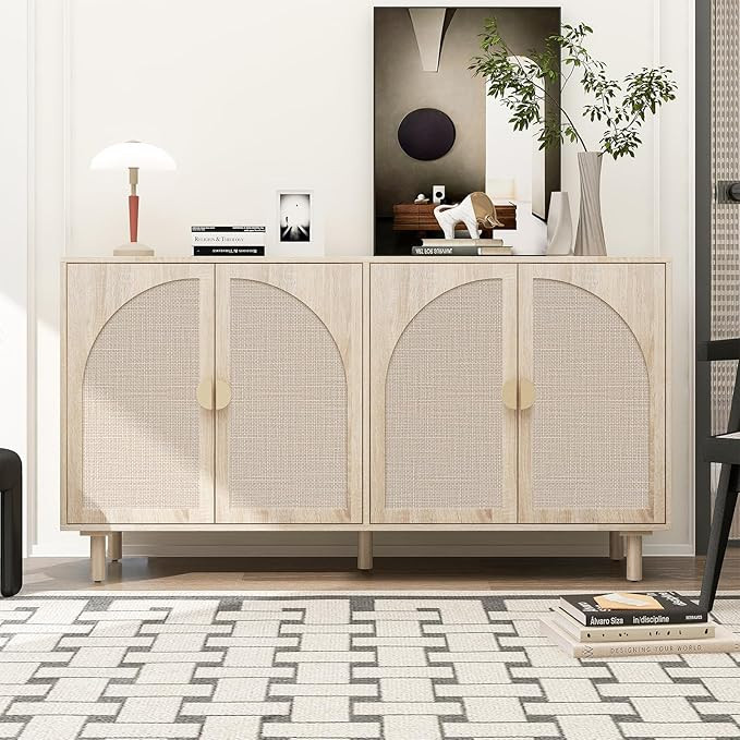 Amazon.com - YHAOWORKS Sideboard Buffet Cabinet with Storage - Rattan 4 Door Cabinet, Accent Stor... | Amazon (US)