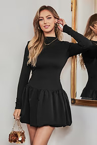 NewBlack Mockneck Long Sleeve Bubble Skirt Mini Dress | Cupshe US