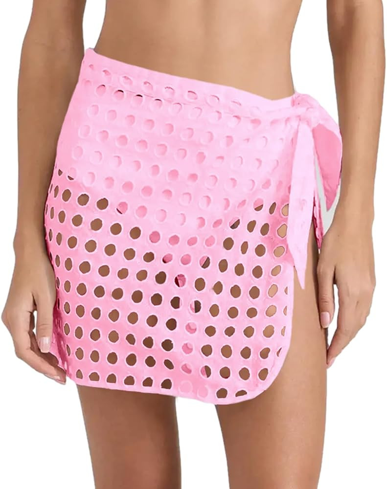 Saodimallsu Women's Crochet Cover Up Skirt 2024 Beach Mesh Slit Tie Waist Mini Wrap Skirts Pareo ... | Amazon (US)