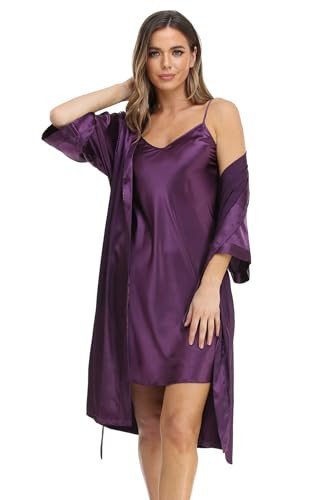 Women's Satin Nightgown with Robes Set 2 Piece Sleepwear Sexy Slip Gown Pajamas Set Silky Nightwear Purple | Amazon (US)