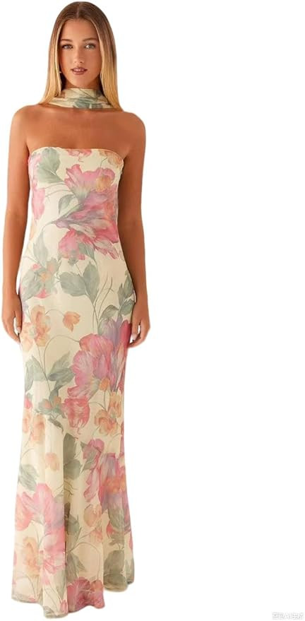 Women's Floral Tube Maxi Dress with Scarf - Y2k Strapless Bodycon Long Dress, Mesh Formal Cocktai... | Amazon (US)