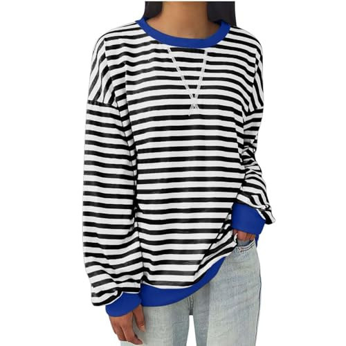LIKEOULI Womens Sweatshirt Casual Striped Color Block Long Sleeve Crewneck Pullover Tops Oversized Sweatshirt for Women White | Amazon (US)