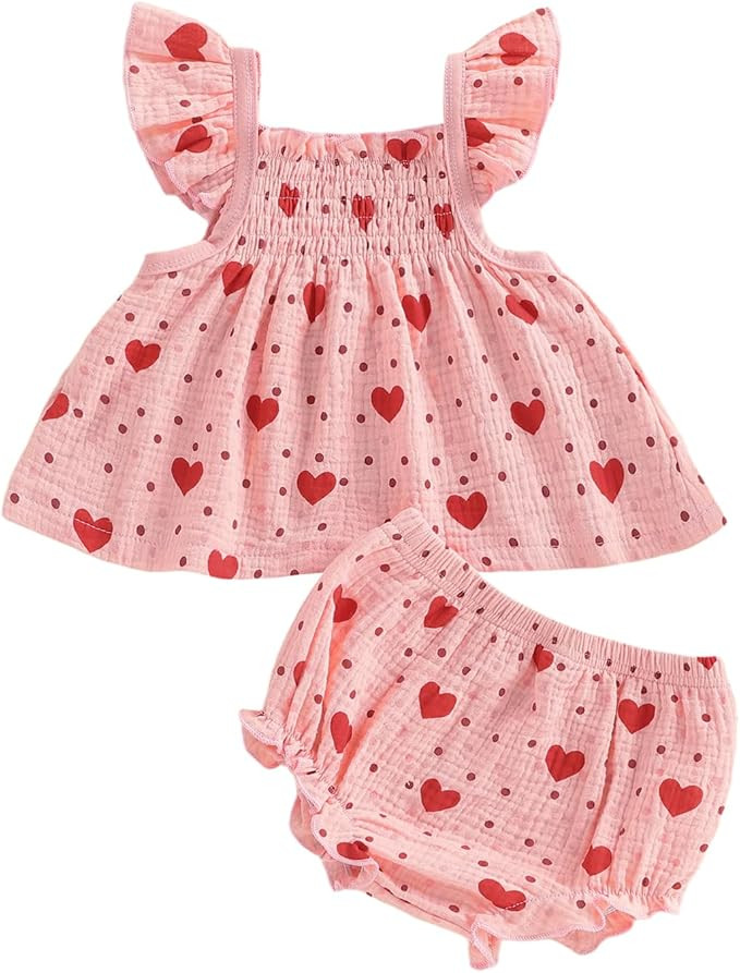 Infant Baby Girl Valentines Outfit Heart Print Ruffled Sleeveless Top Dress and Shorts Two Piece ... | Amazon (US)