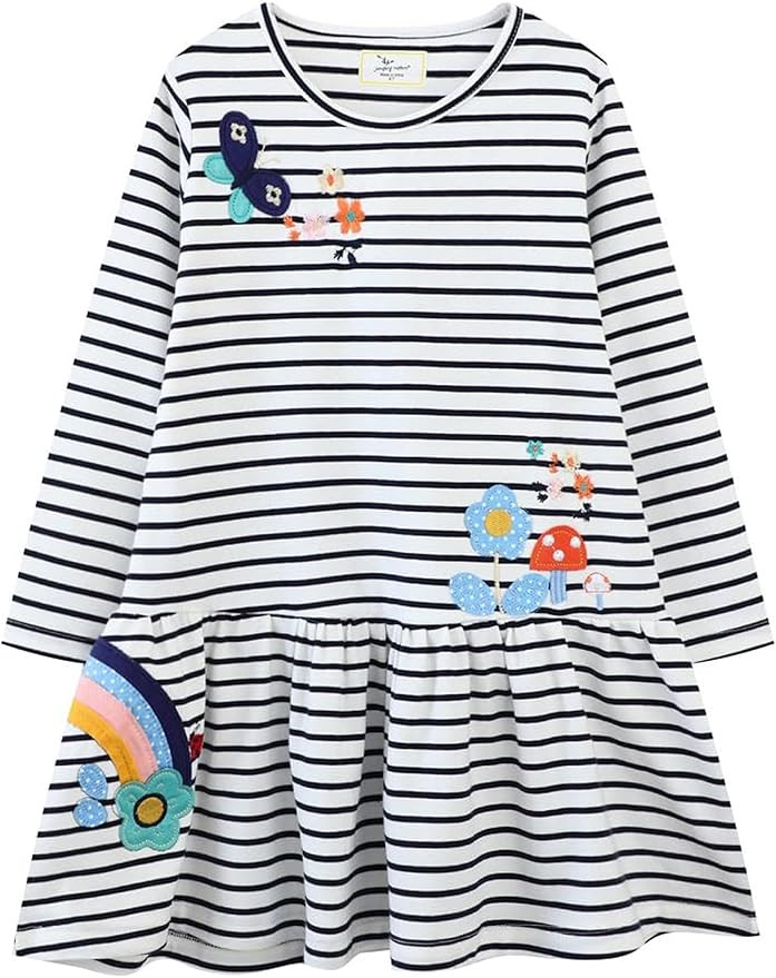 FreeLu Toddler Girls Cartoon Applique Dresses Striped Casual Dress Cotton Jersey Longsleeve T-Shi... | Amazon (US)