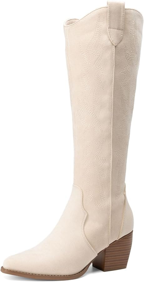 DREAM PAIRS Womens Cowboy Boots Wide Calf Comfortable Pull On Zipper Chunky Heel Pointed Toe Embr... | Amazon (US)