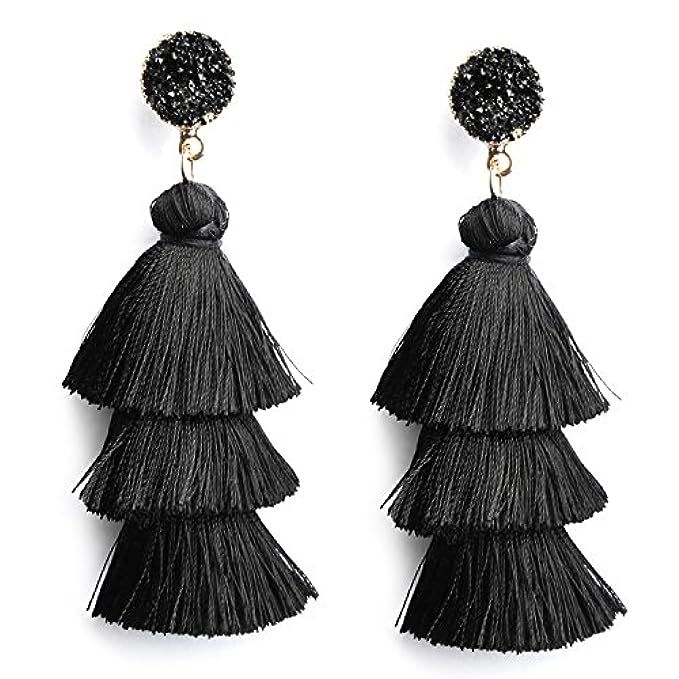 Me&Hz Colorful Layered Tassel Earrings Bohemian Dangle Drop Tiered Tassel Druzy Stud Earrings Women  | Amazon (US)