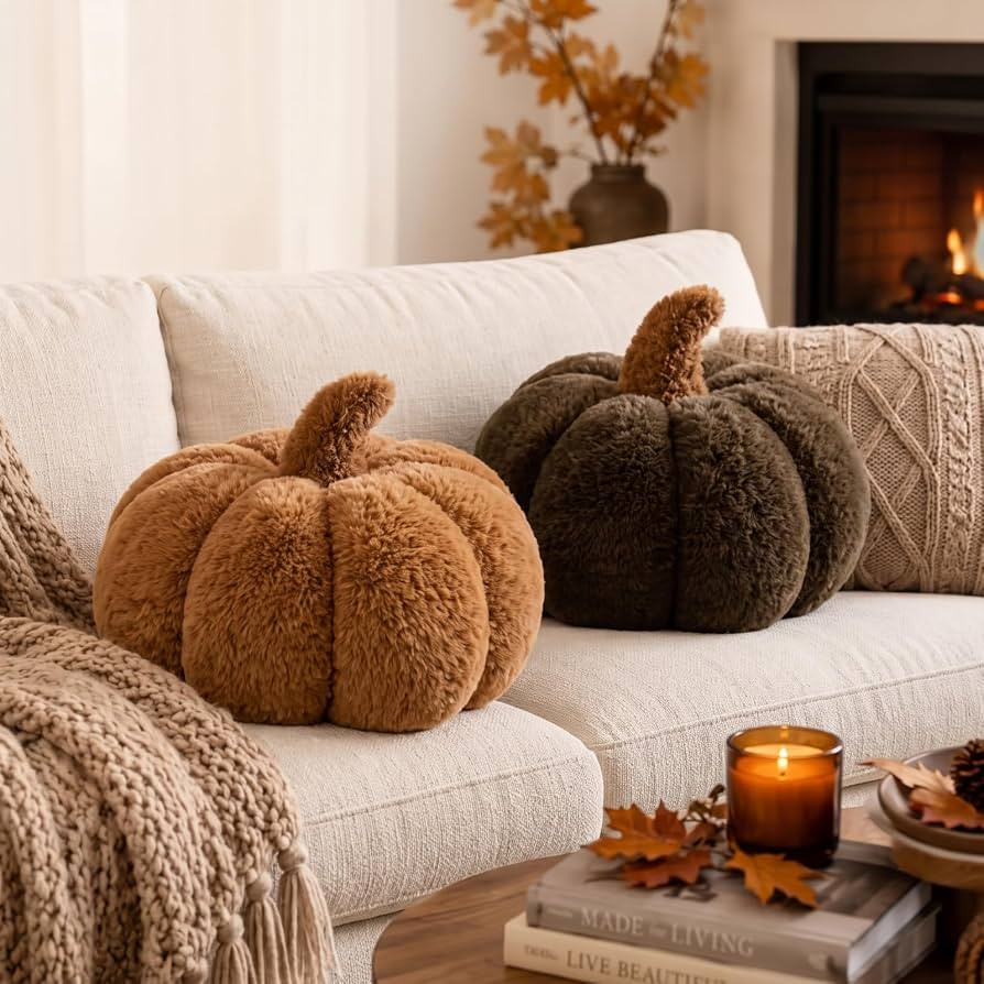 Wonderjune 2 Pcs Plush Pumpkin Pillows,Tan Pumpkin + Dark Olive Green | Amazon (US)