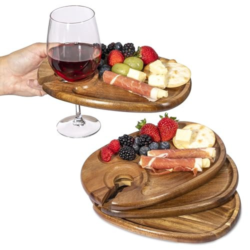 YEWBEE Wine Glass Holder Plates – Acacia Wooden Appetizer & Snack Plates for Party, Wine & Cheese Mini Charcuterie Boards, Set of 4 – Great Gift for Wine Lovers | Amazon (US)