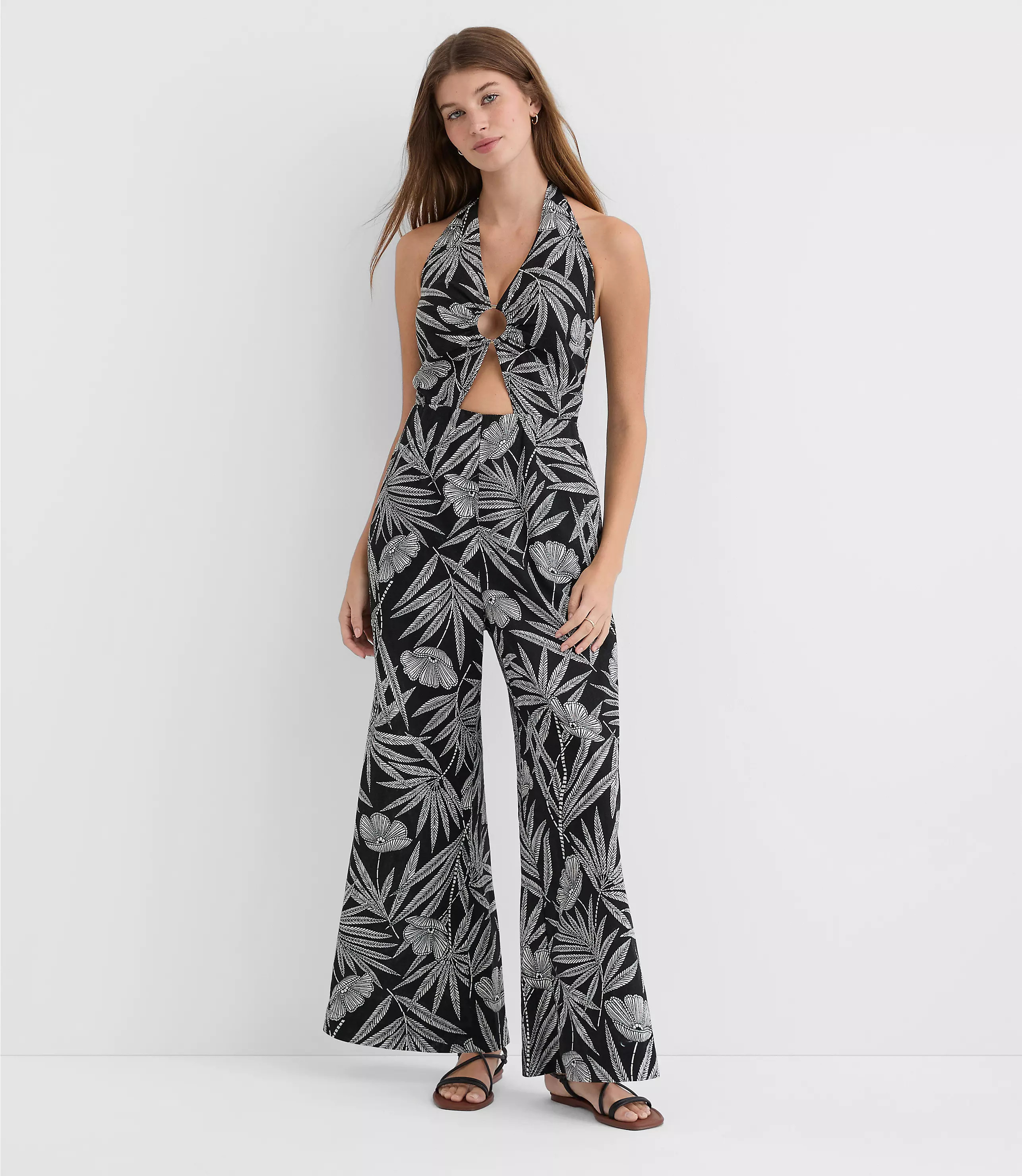Petite LOFT Beach Palm Ring Halter Linen Cotton Jumpsuit | LOFT