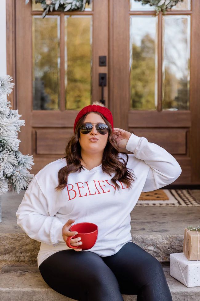 Believe White Graphic Sweatshirt | The Pink Lily Boutique