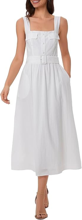 EZAPINE Summer Dresses for Women Sleeveless Elegant Square Neck Aline Midi Dresses Elastic Wais... | Amazon (US)