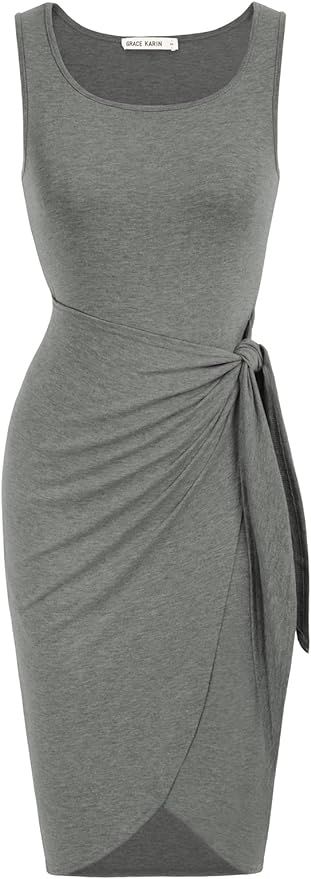 GRACE KARIN Women Bodycon Tie Waist T Shirt Dress Sleeveless High Low Tank Dress | Amazon (US)
