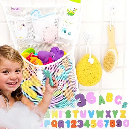 Tub Cubby Bath Toy Organizer + 36 Soft Foam ABC 123 Letters & Numbers - 14x20" Mesh Net with 3 Bi... | Amazon (US)