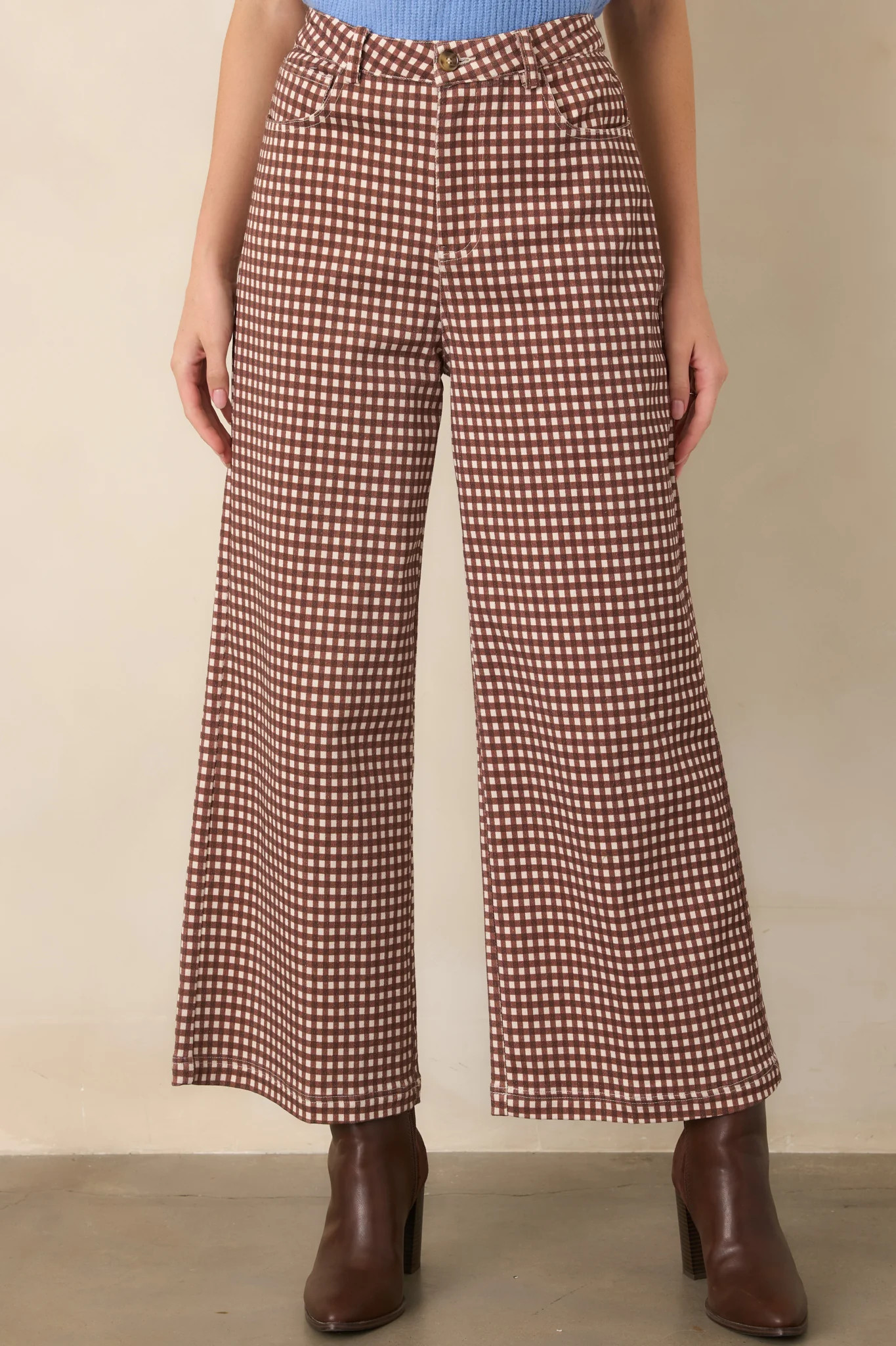 Weekends in the Countryside Brown Gingham Wide Leg Pants | Red Dress
