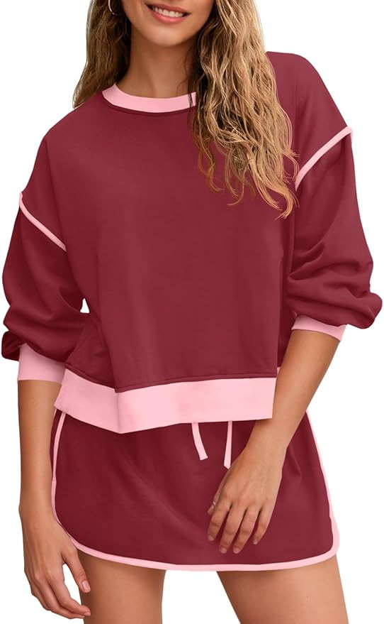 Fisoew Womens Sweatsuits 2 Piece Set Crewneck Sweatshirts High Waisted Skort Skirts Tennis Runnin... | Amazon (US)