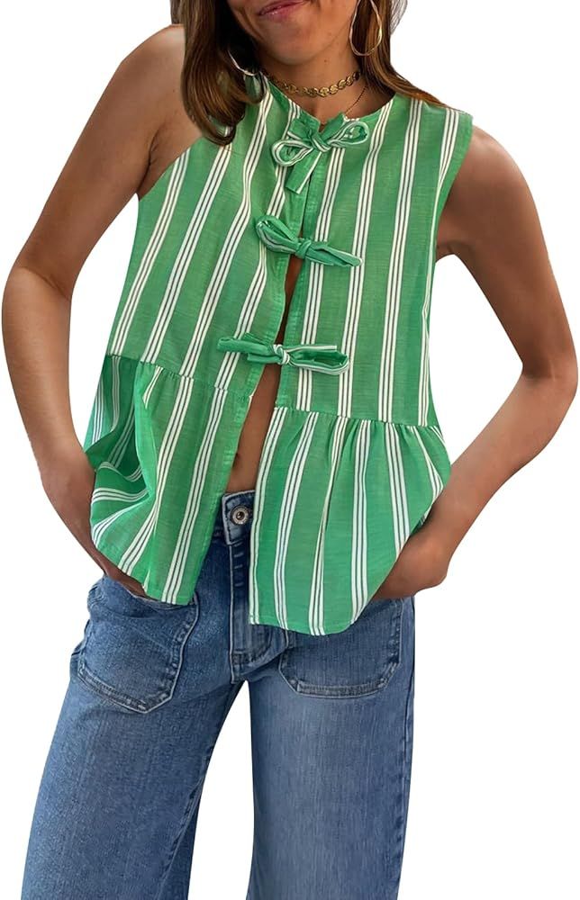 DSORVICD Women Tie Front Peplum Tank Top Y2k Sleeveless Striped Ruffle Hem Babydoll Top Summer Go... | Amazon (US)