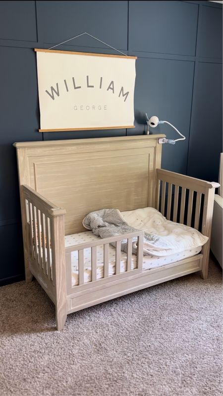 From to crib to now the toddler bed! Linking one almost identical just a different color. It does go from a crib up to a full size bed. 

+ Will’s name banner and the paint color used on the accent wall are linked below

Toddler boys room, neutral crib, boy nursery, big boy room, accent wall, wall paneling diy,  Samplize, Benjamin Moore

#LTKKids #LTKBaby #LTKHome