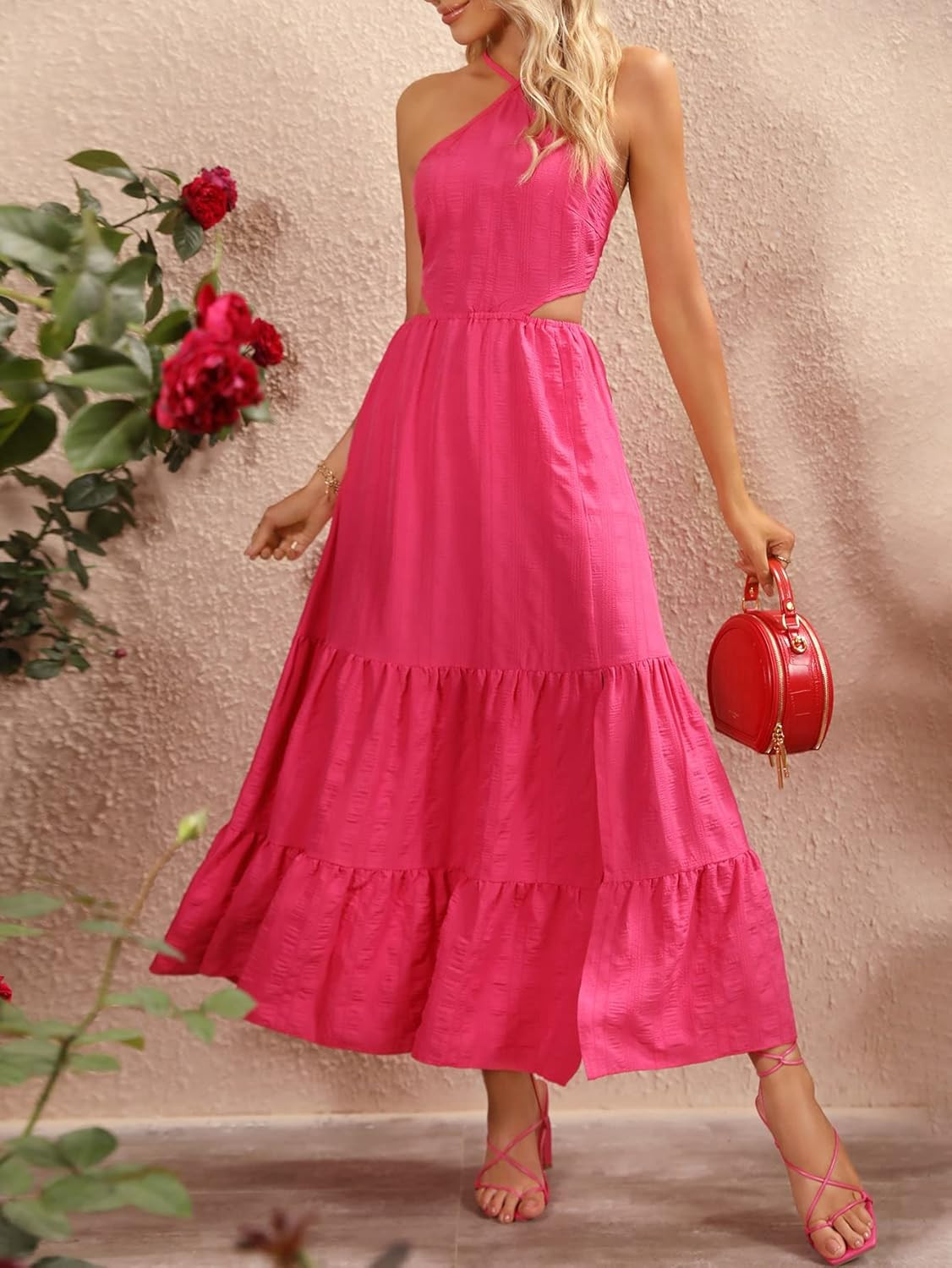 SweatyRocks Women's Casual Sleeveless Halter Dress Summer Tie Backless Ruffle Hem Maxi Dresses | Amazon (US)