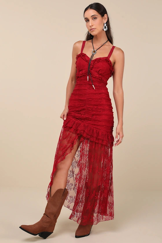 Iconic Charm Wine Red Lace Sleeveless Ruched Maxi Dress | Lulus
