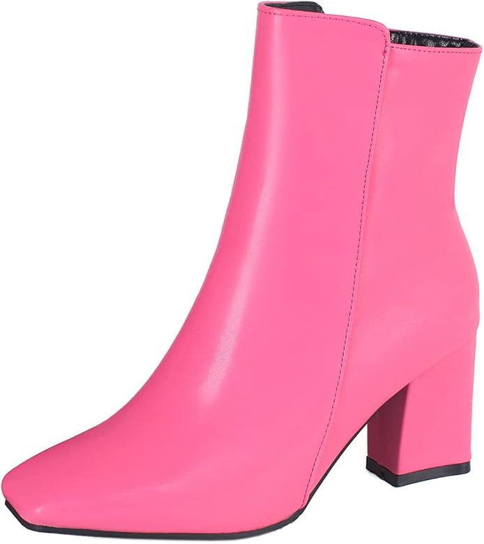 SHEMEE Women's Square Toe Block Heels Booties Chunky High Heeled Side Zipper Ankle Boots Shoes | Amazon (US)
