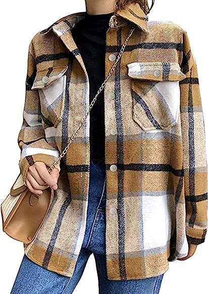 Tanming Womens Wool Blend Plaid Lapel Button Short Pocketed Shacket Shirts Coats | Amazon (CA)