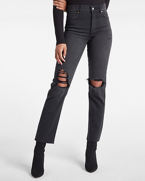 Super High Waisted Black Ripped Modern Straight Jeans | Express